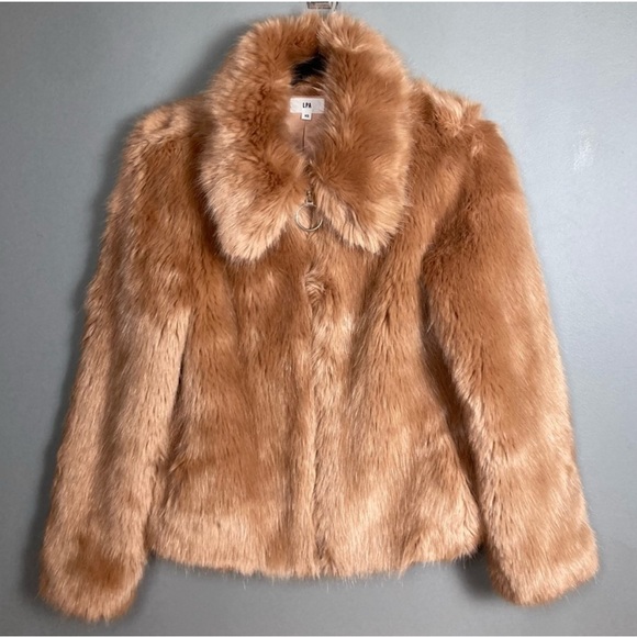 LPA Faux fur coat rose gold brown camel color plush zip up extra small Revolve - Picture 2 of 12